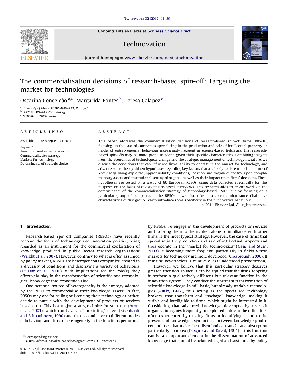 The commercialisation decisions of research-based spin-off: Targeting the market for technologies