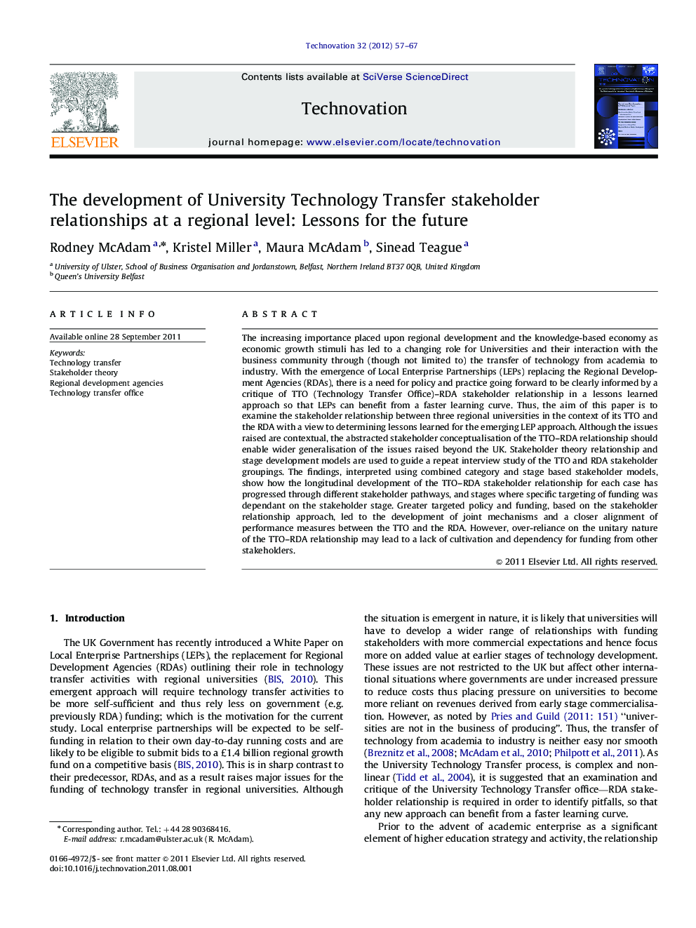 The development of University Technology Transfer stakeholder relationships at a regional level: Lessons for the future