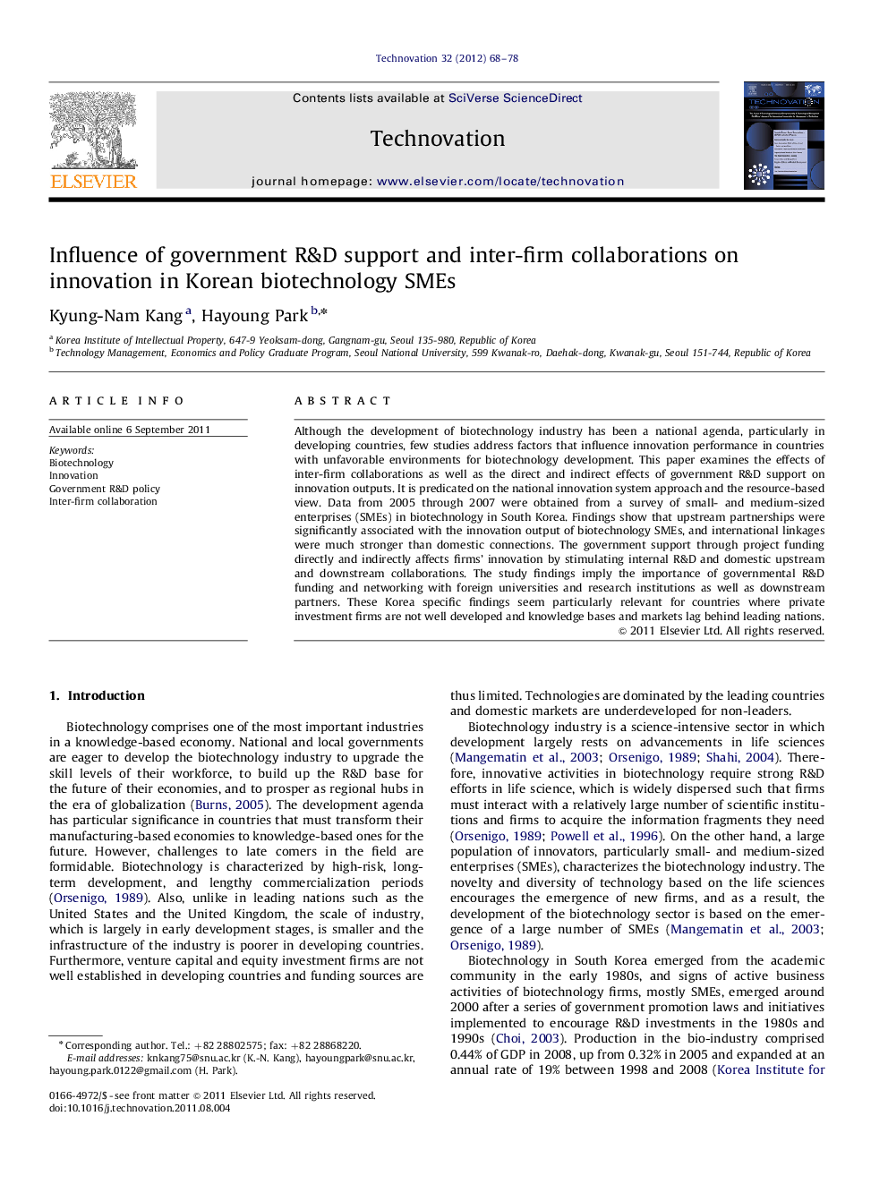 Influence of government R&D support and inter-firm collaborations on innovation in Korean biotechnology SMEs