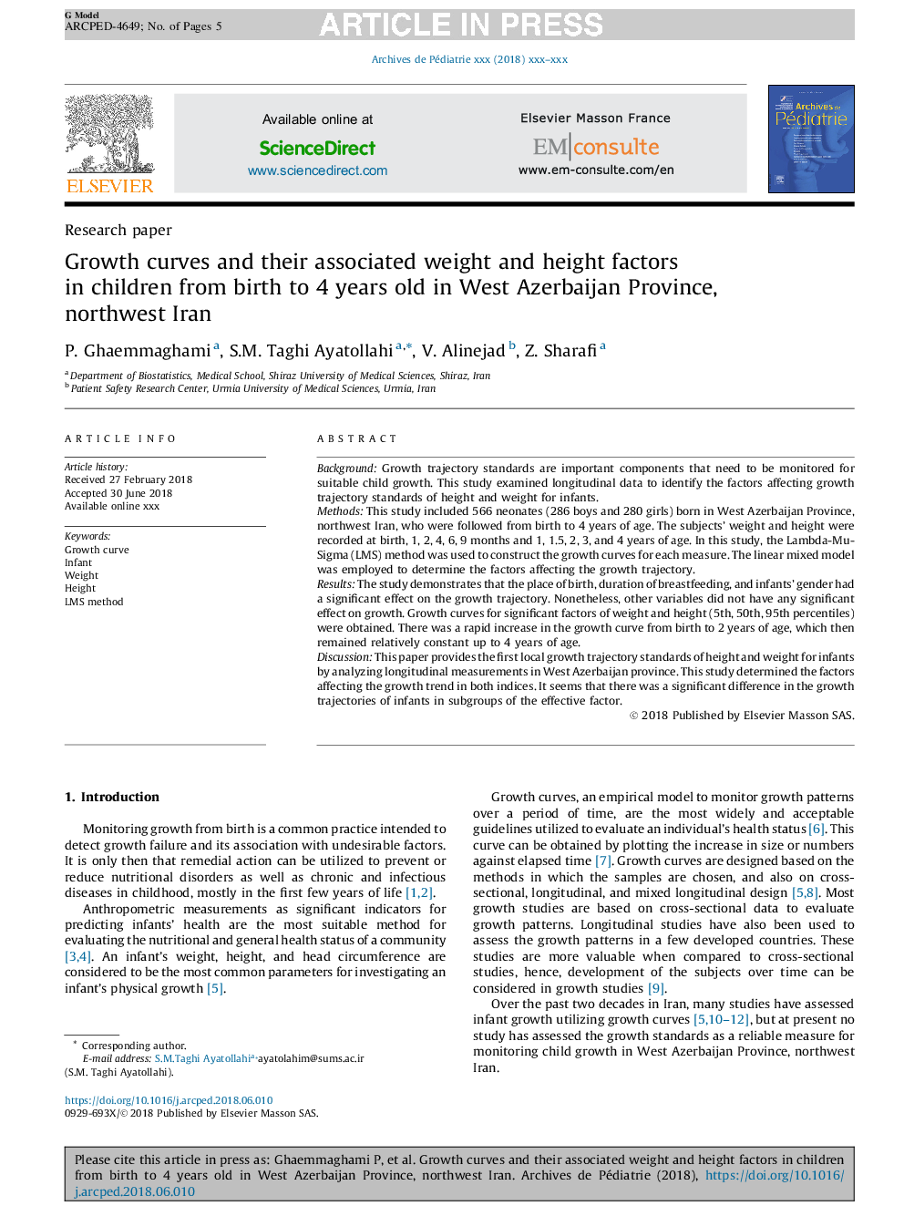 Growth curves and their associated weight and height factors in children from birth to 4 years old in West Azerbaijan Province, northwest Iran