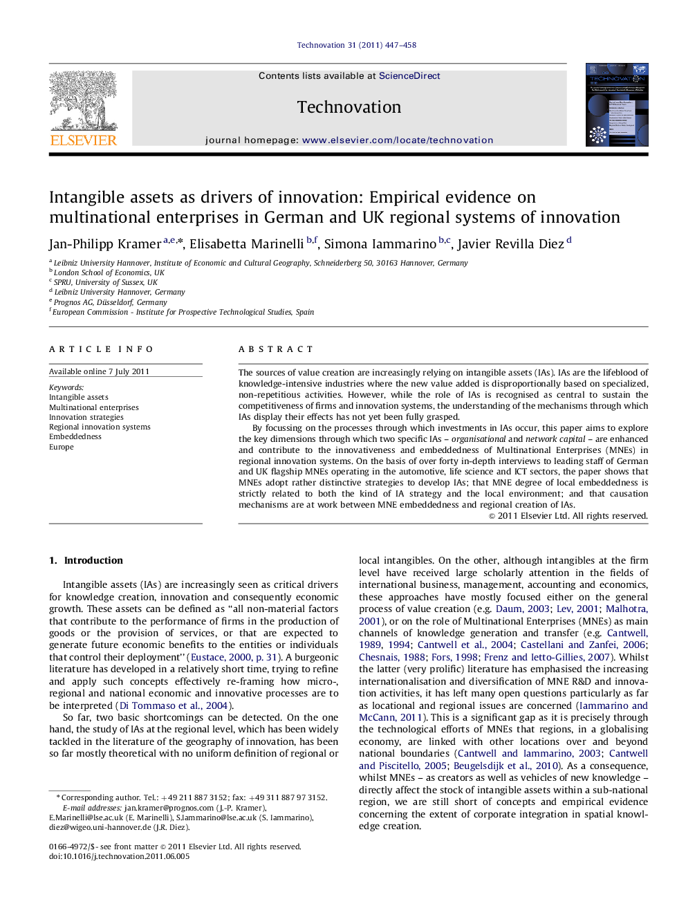 Intangible assets as drivers of innovation: Empirical evidence on multinational enterprises in German and UK regional systems of innovation