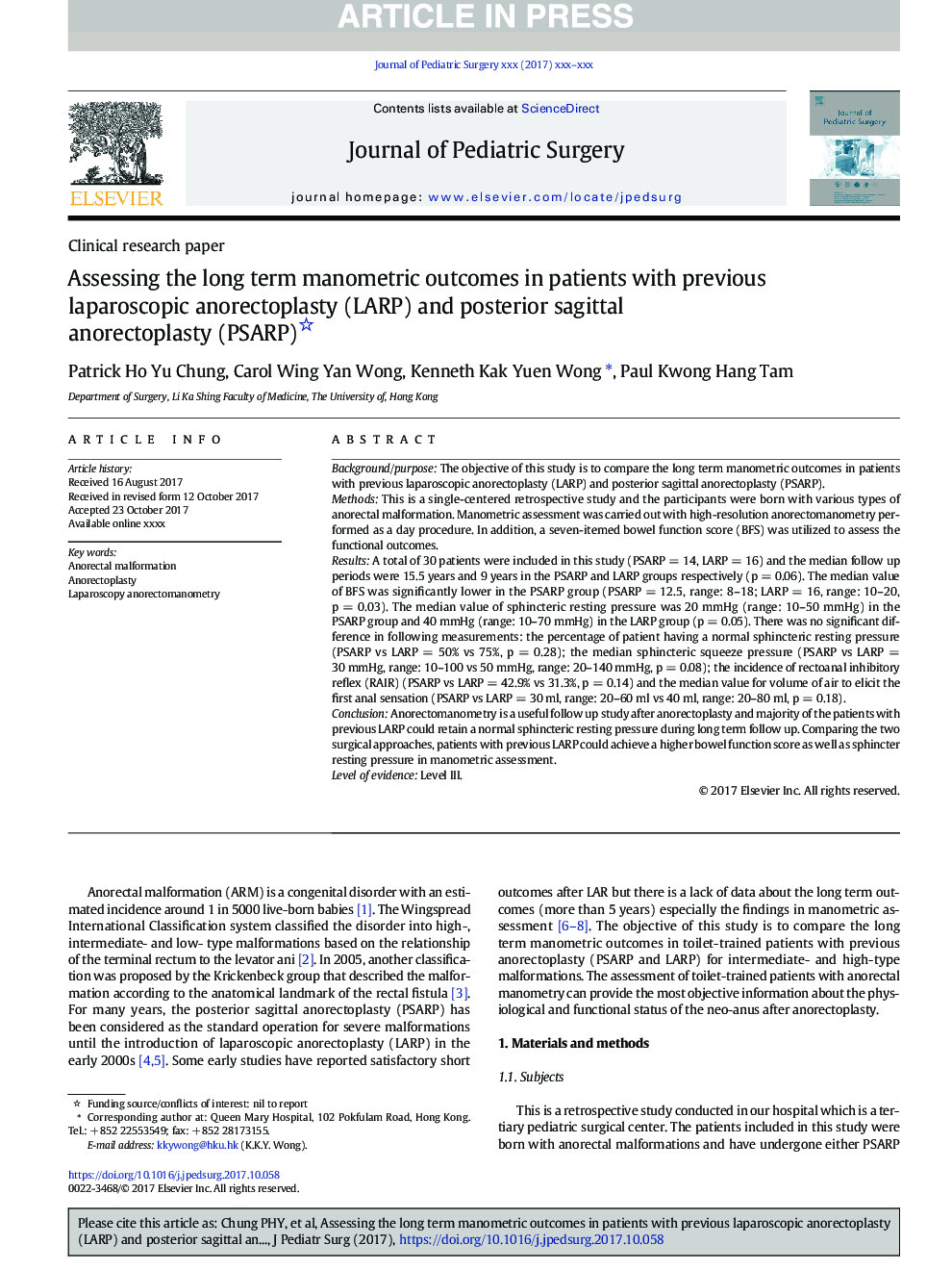 Assessing the long term manometric outcomes in patients with previous laparoscopic anorectoplasty (LARP) and posterior sagittal anorectoplasty (PSARP)