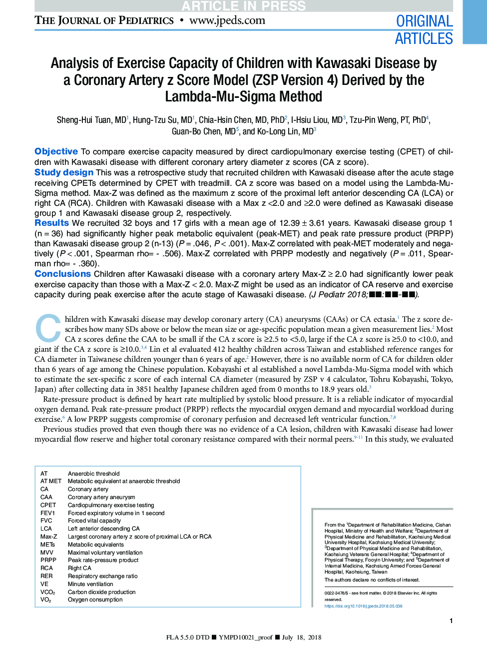 Analysis of Exercise Capacity of Children with Kawasaki Disease by a Coronary Artery z Score Model (ZSP Version 4) Derived by the Lambda-Mu-Sigma Method