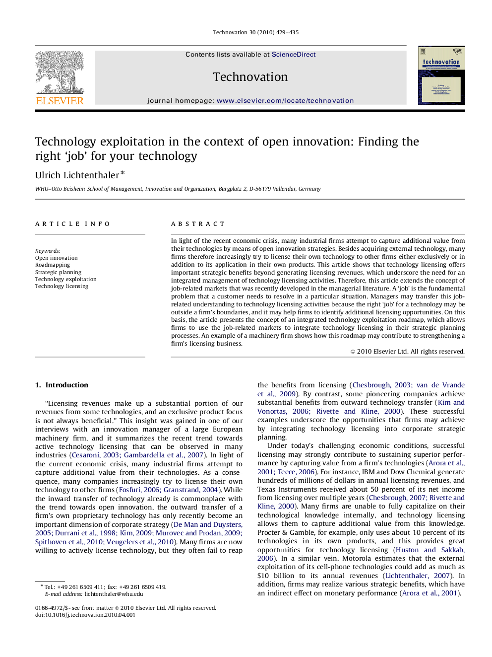 Technology exploitation in the context of open innovation: Finding the right ‘job’ for your technology