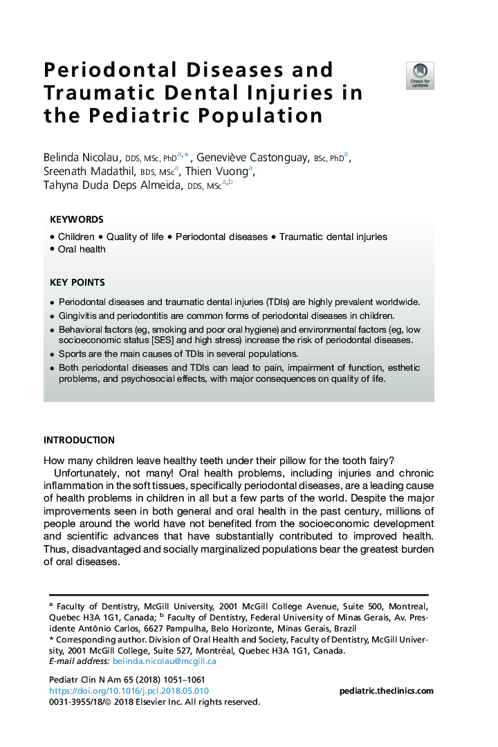 Periodontal Diseases and Traumatic Dental Injuries in the Pediatric Population