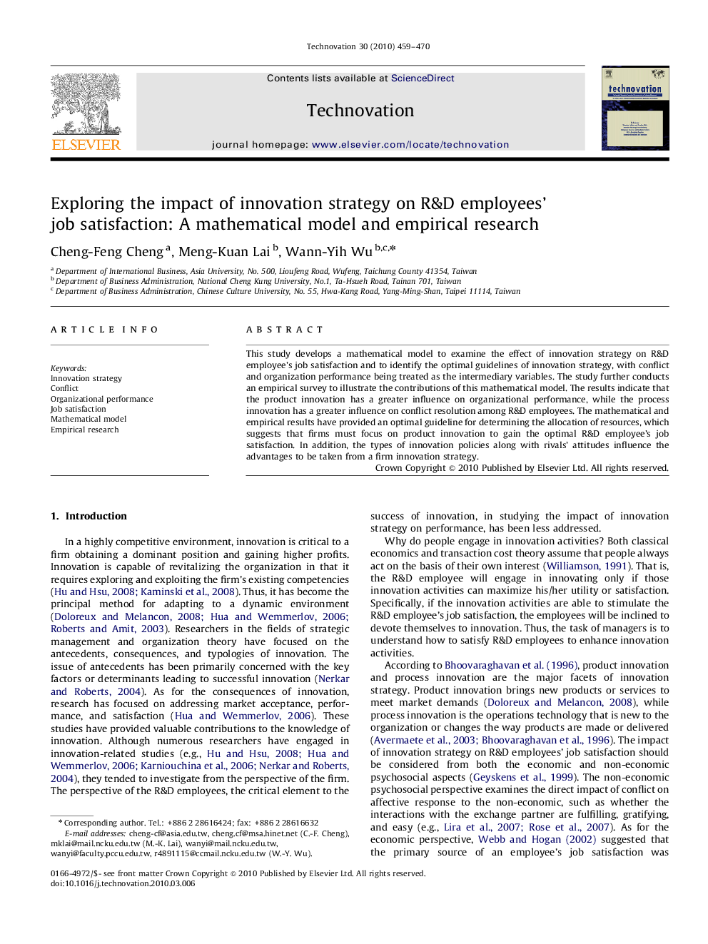 Exploring the impact of innovation strategy on R&D employees’ job satisfaction: A mathematical model and empirical research