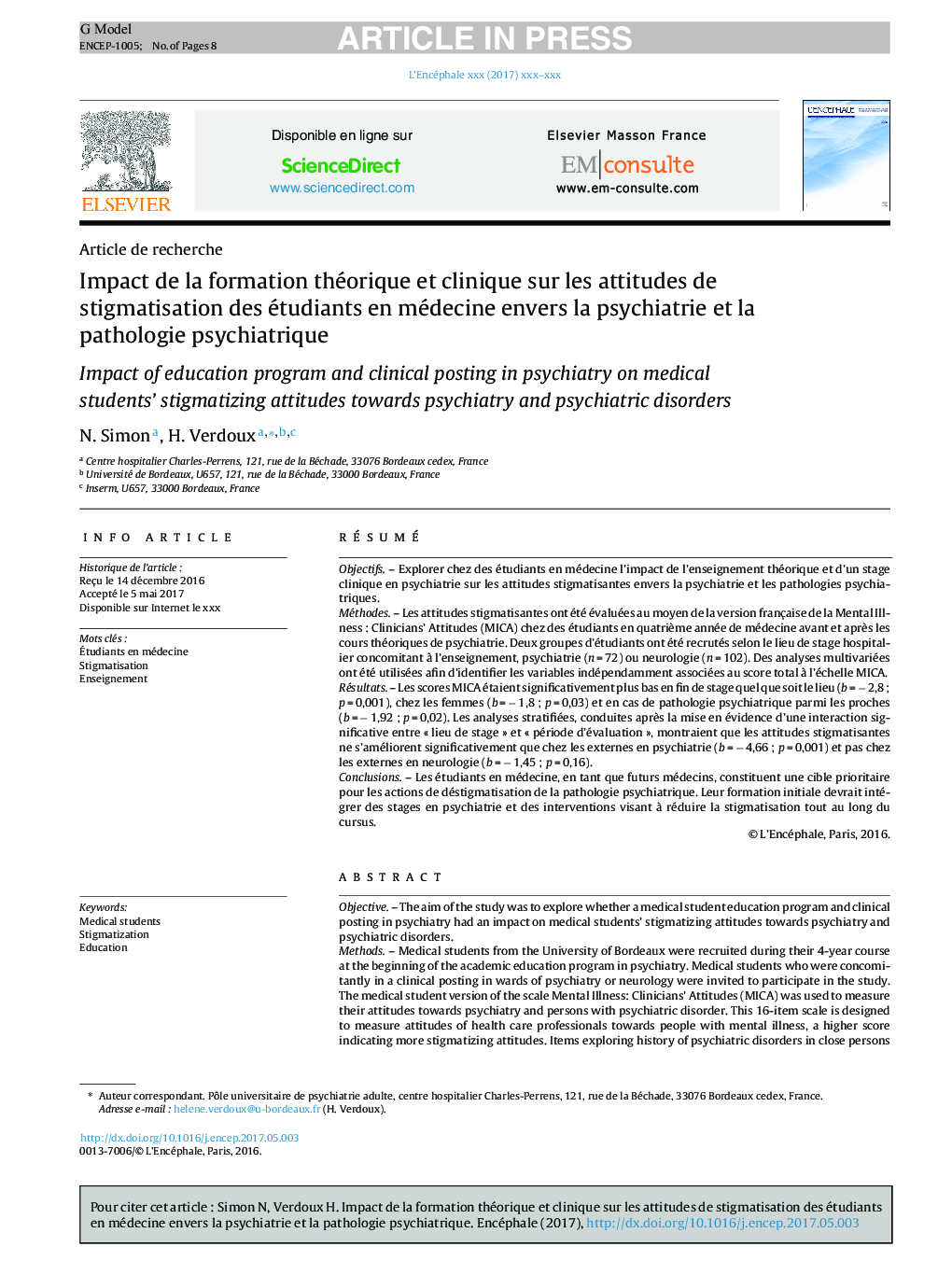 Impact de la formation théorique et clinique sur les attitudes de stigmatisation des étudiants en médecine envers la psychiatrie et la pathologie psychiatrique