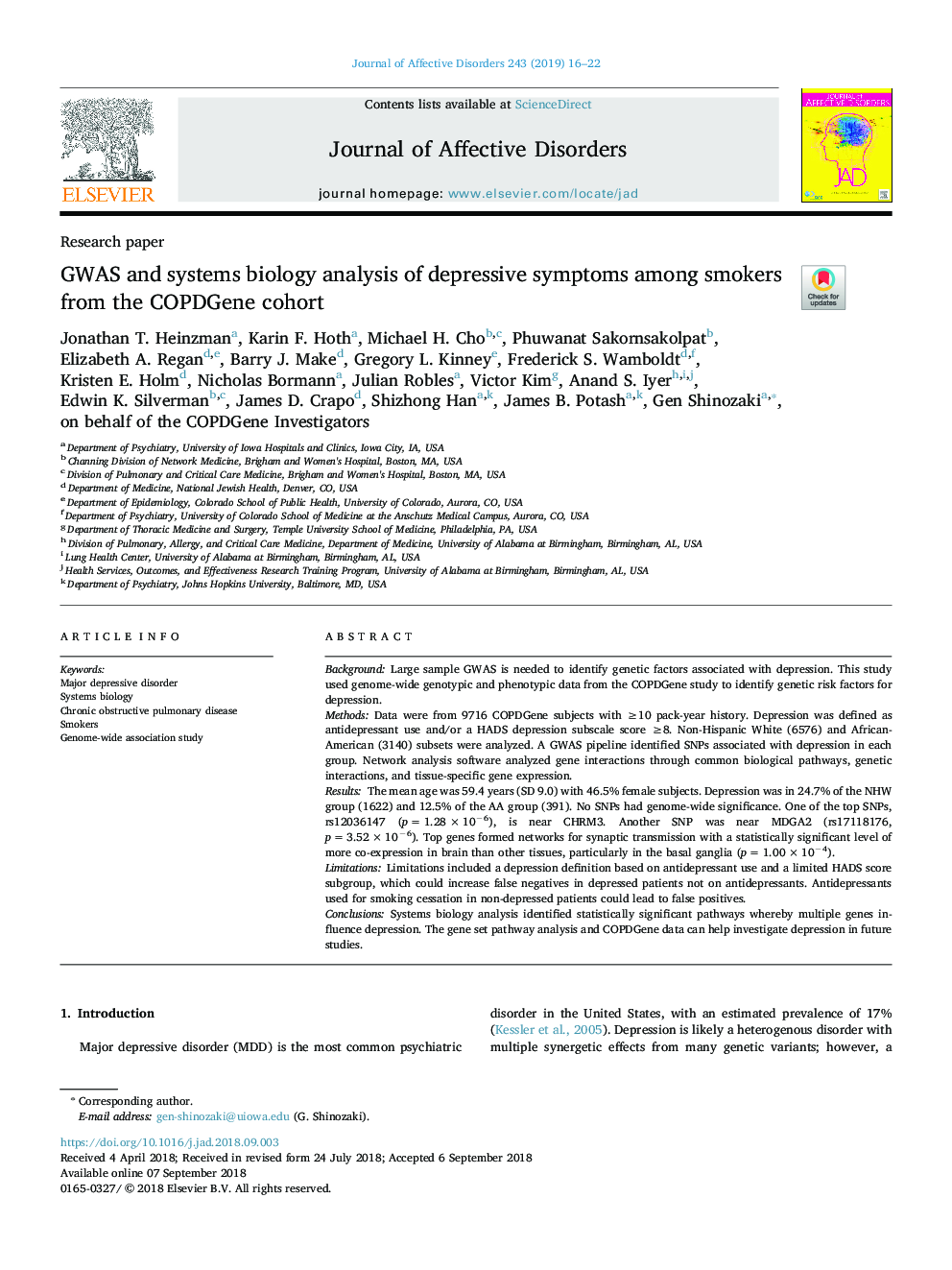 GWAS and systems biology analysis of depressive symptoms among smokers from the COPDGene cohort