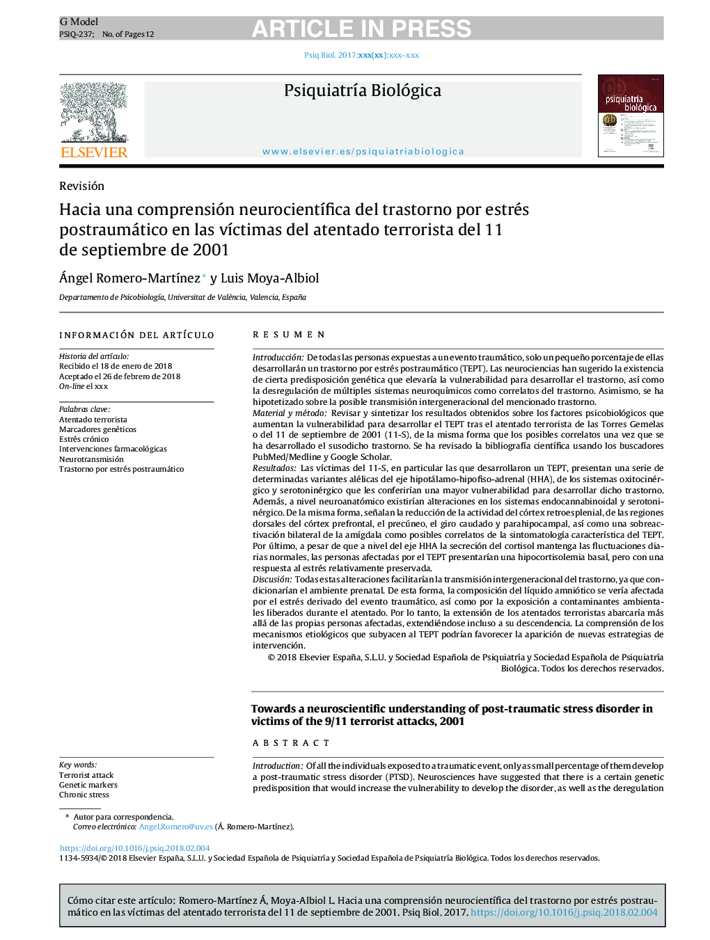 Hacia una comprensión neurocientÃ­fica del trastorno por estrés postraumático en las vÃ­ctimas del atentado terrorista del 11 de septiembre de 2001