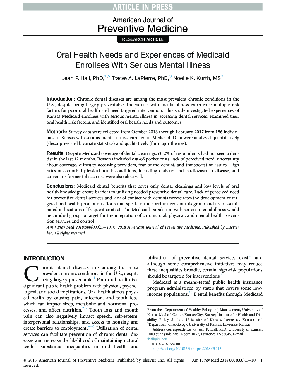 Oral Health Needs and Experiences of Medicaid Enrollees With Serious Mental Illness