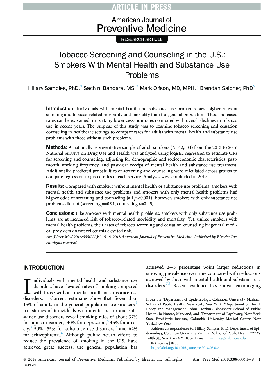 Tobacco Screening and Counseling in the U.S.: Smokers With Mental Health and Substance Use Problems