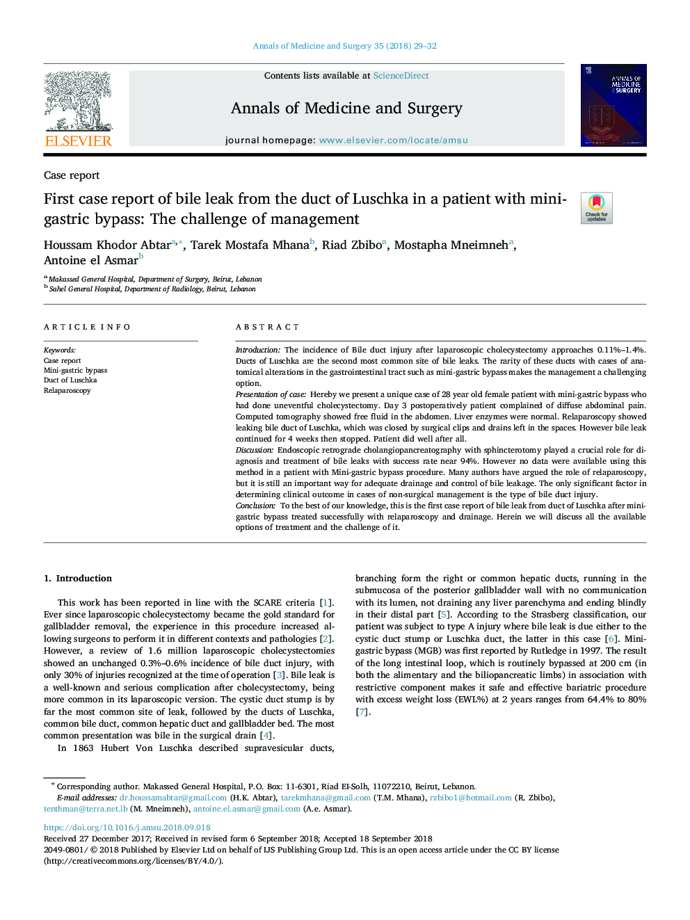 First case report of bile leak from the duct of Luschka in a patient with mini-gastric bypass: The challenge of management