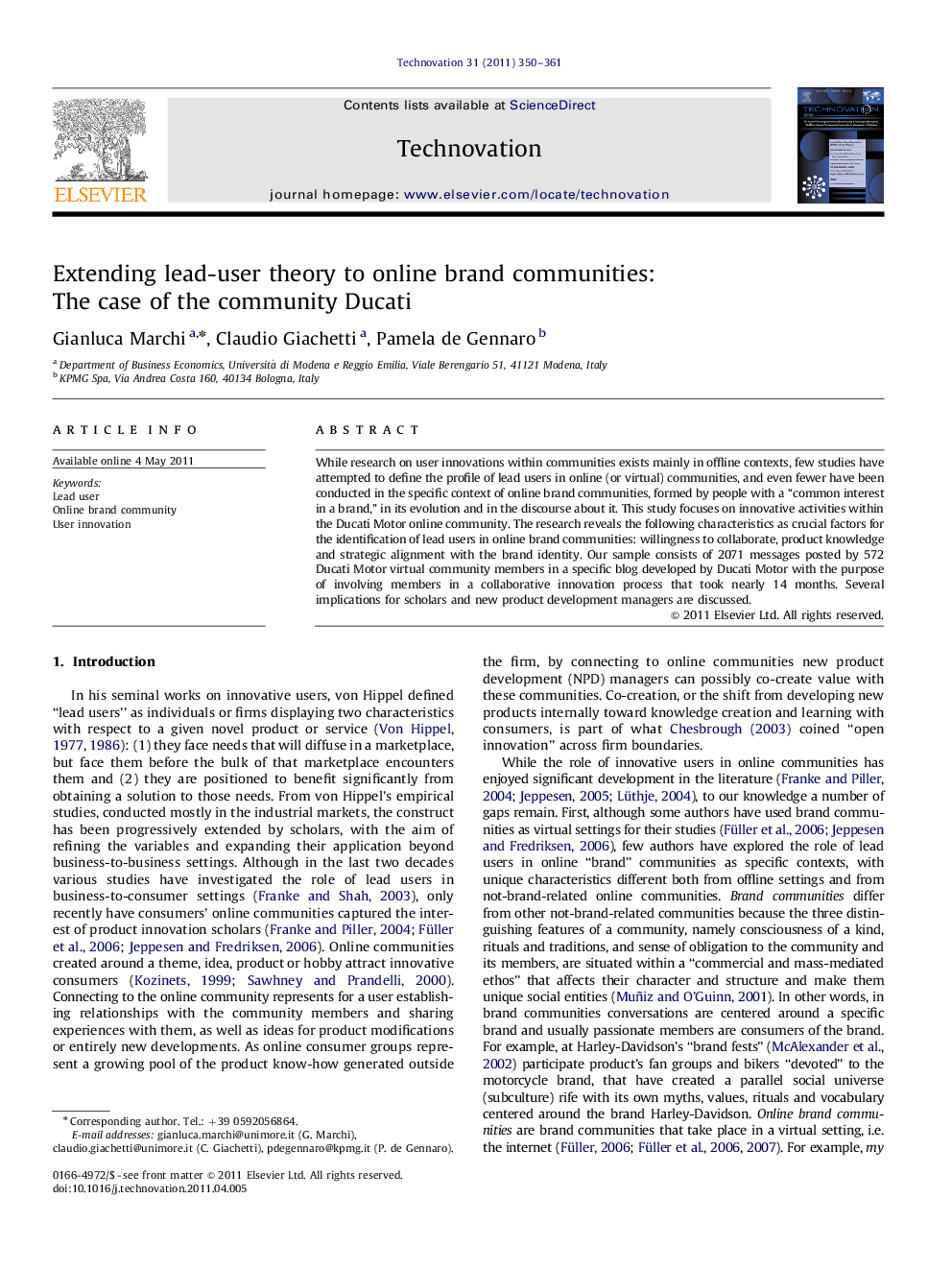 Extending lead-user theory to online brand communities: The case of the community Ducati