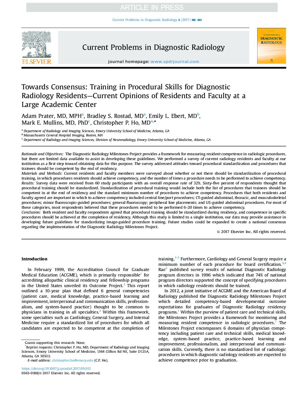 Towards Consensus: Training in Procedural Skills for Diagnostic Radiology Residents-Current Opinions of Residents and Faculty at a Large Academic Center