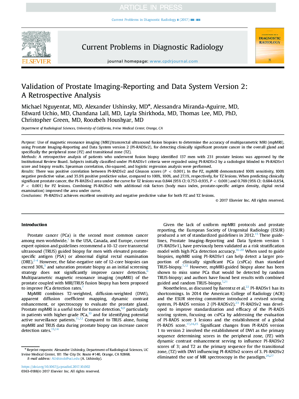 Validation of Prostate Imaging-Reporting and Data System Version 2: A Retrospective Analysis