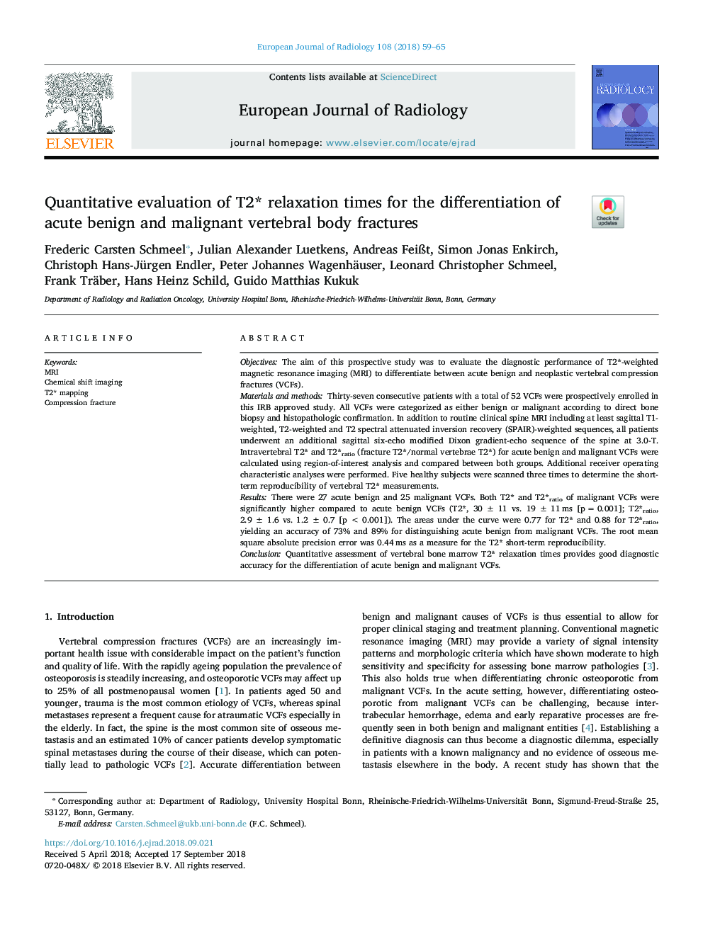 Quantitative evaluation of T2* relaxation times for the differentiation of acute benign and malignant vertebral body fractures