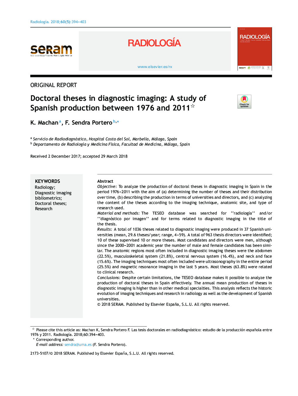 Doctoral theses in diagnostic imaging: A study of Spanish production between 1976 and 2011