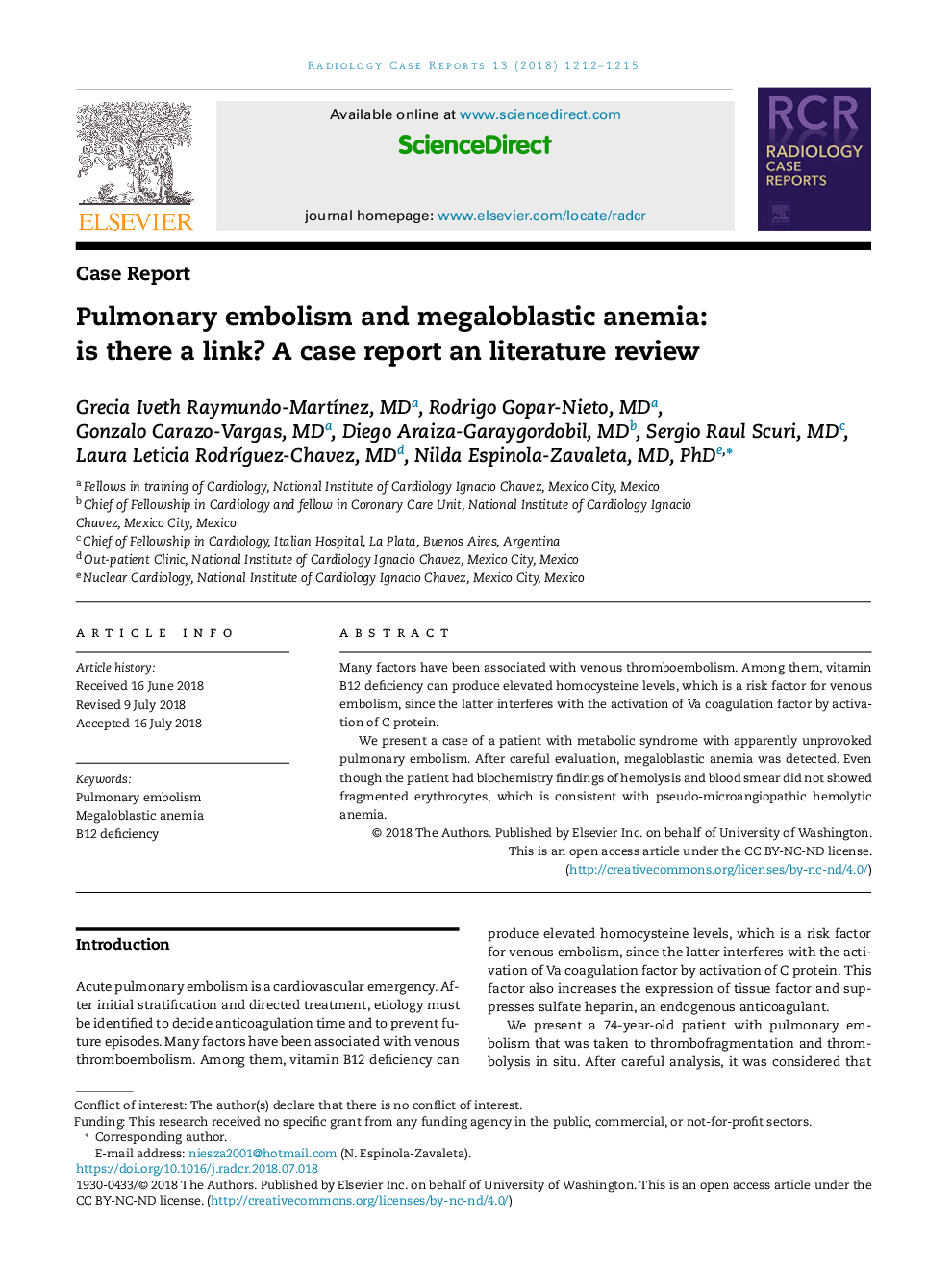 Pulmonary embolism and megaloblastic anemia: is there a link? A case report an literature review