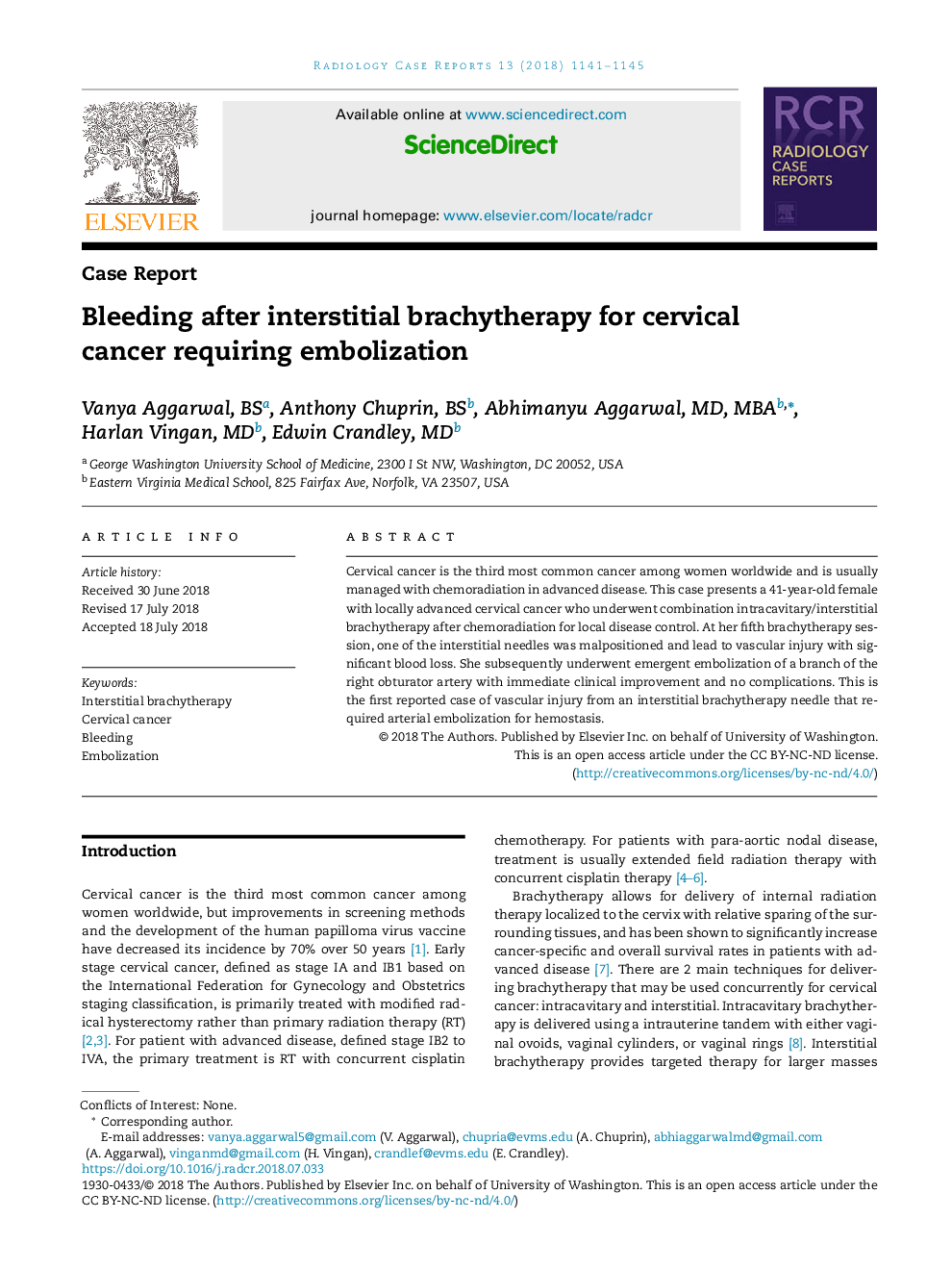 Bleeding after interstitial brachytherapy for cervical cancer requiring embolization