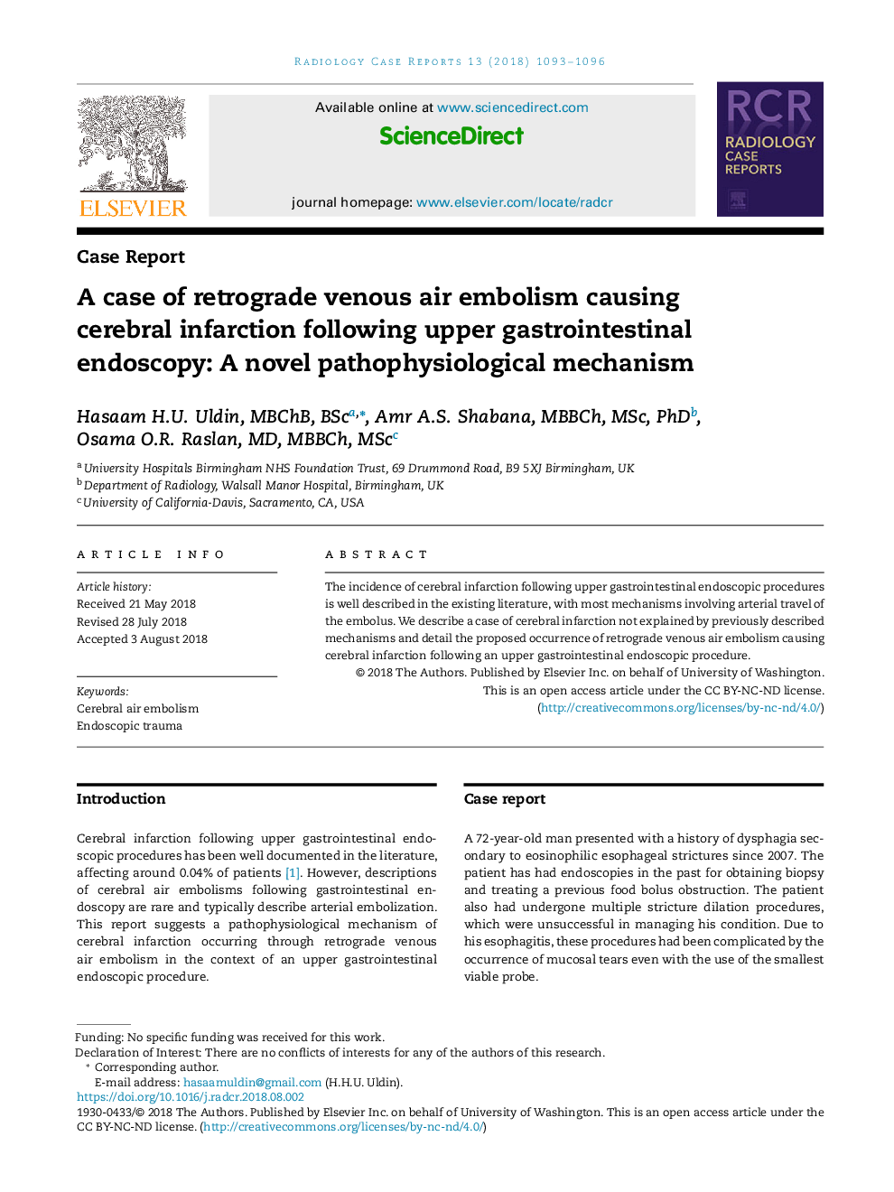 A case of retrograde venous air embolism causing cerebral infarction following upper gastrointestinal endoscopy: A novel pathophysiological mechanism