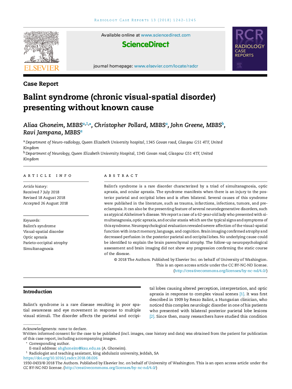 Balint syndrome (chronic visual-spatial disorder) presenting without known cause