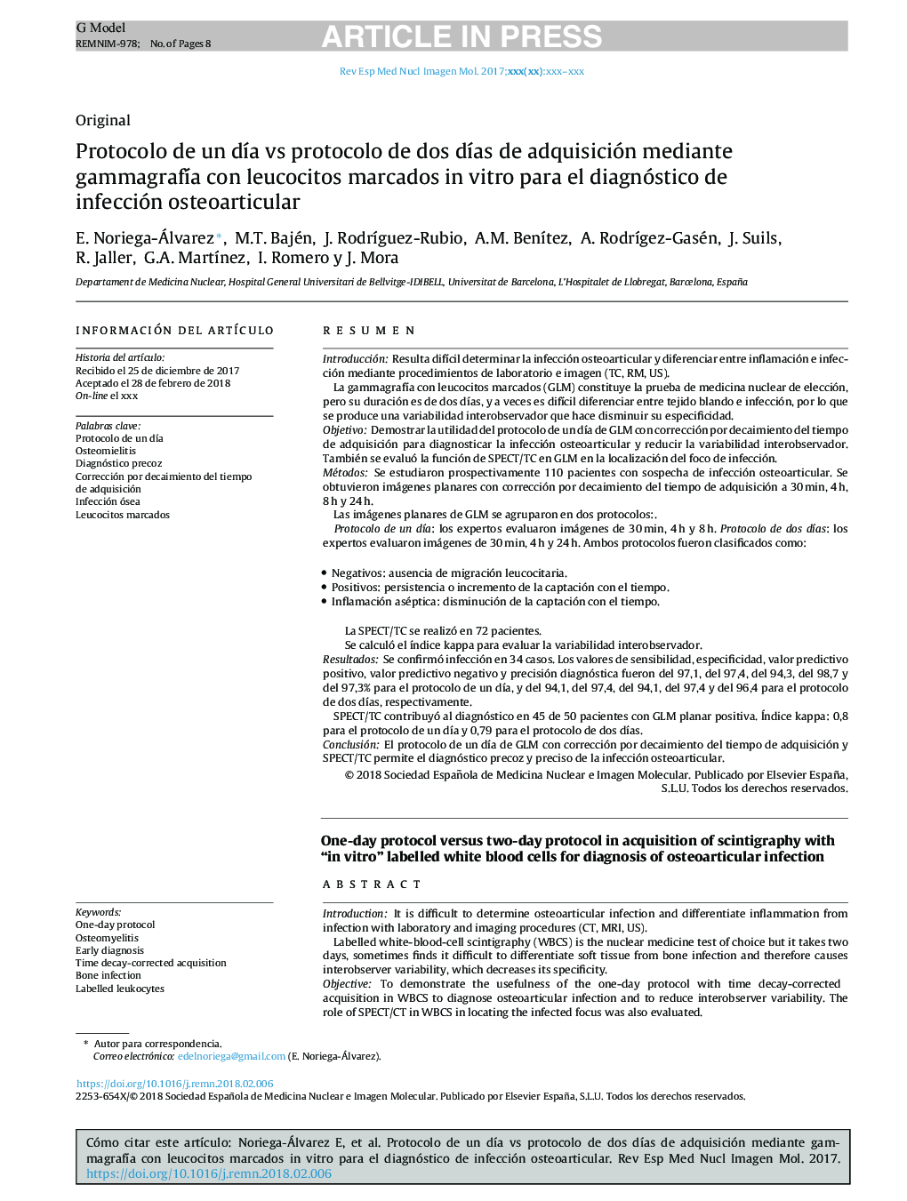 Protocolo de un dÃ­a vs protocolo de dos dÃ­as de adquisición mediante gammagrafÃ­a con leucocitos marcados in vitro para el diagnóstico de infección osteoarticular