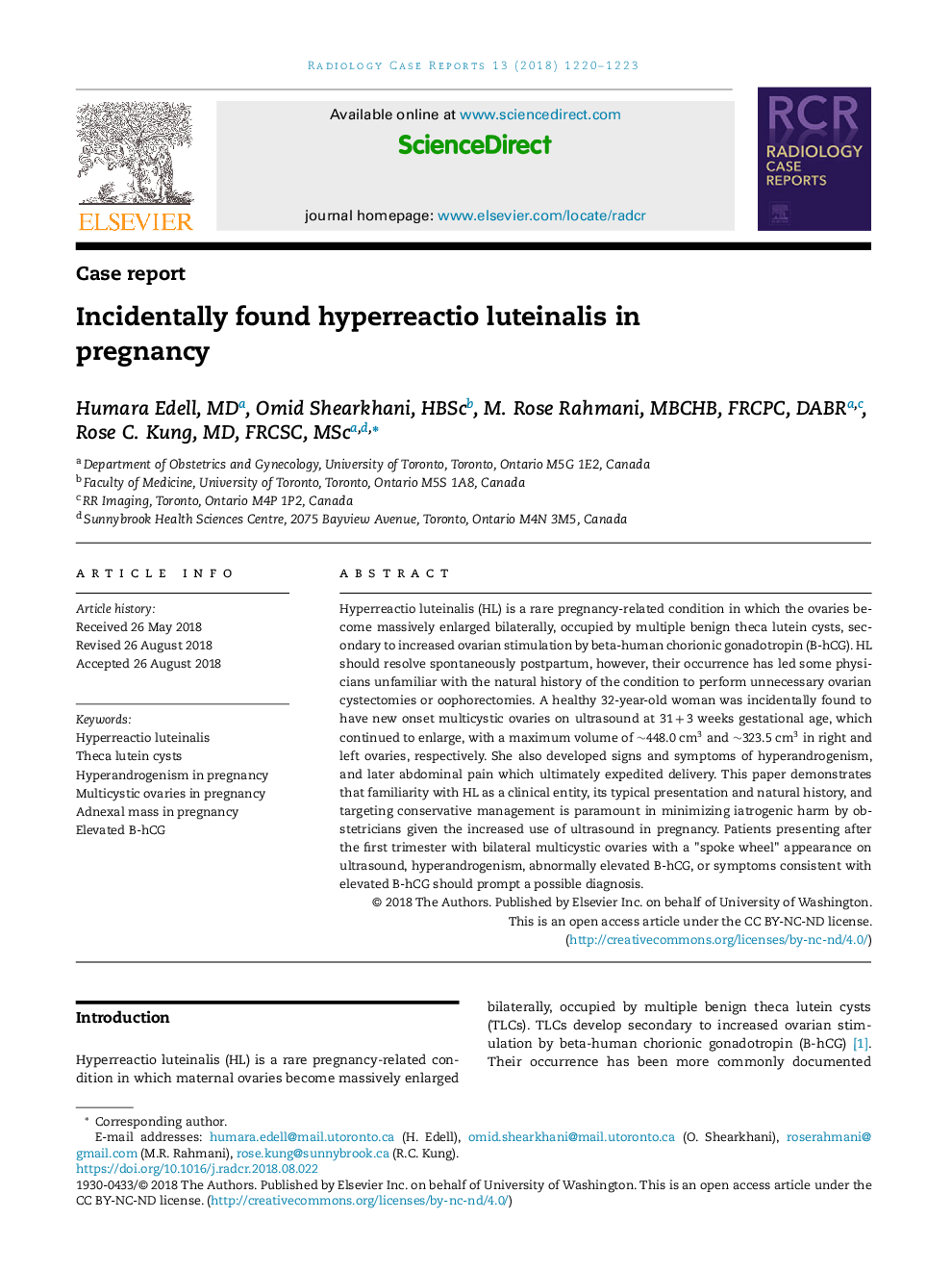 Incidentally found hyperreactio luteinalis in pregnancy