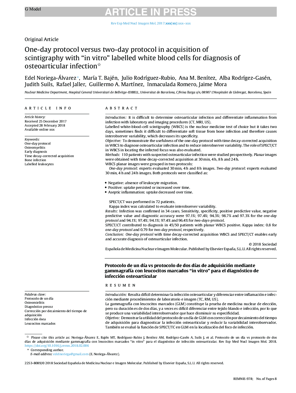 One-day protocol versus two-day protocol in acquisition of scintigraphy with “in vitro” labelled white blood cells for diagnosis of osteoarticular infection