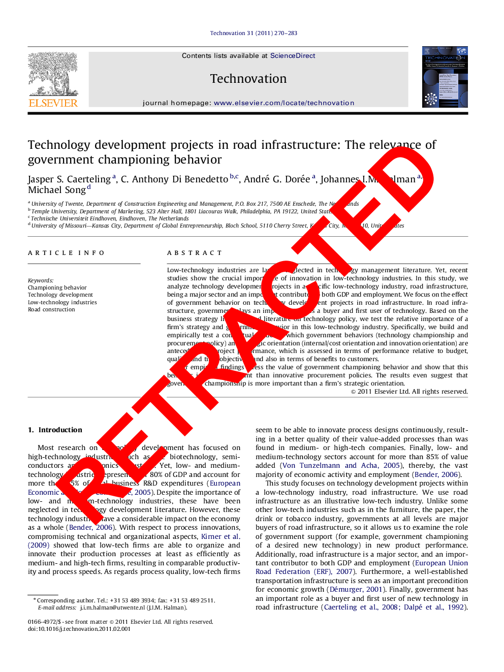 RETRACTED: Technology development projects in road infrastructure: The relevance of government championing behavior