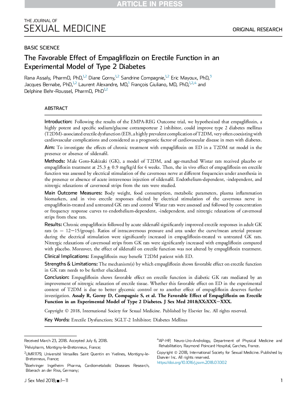 The Favorable Effect of Empagliflozin on Erectile Function in an Experimental Model of Type 2 Diabetes
