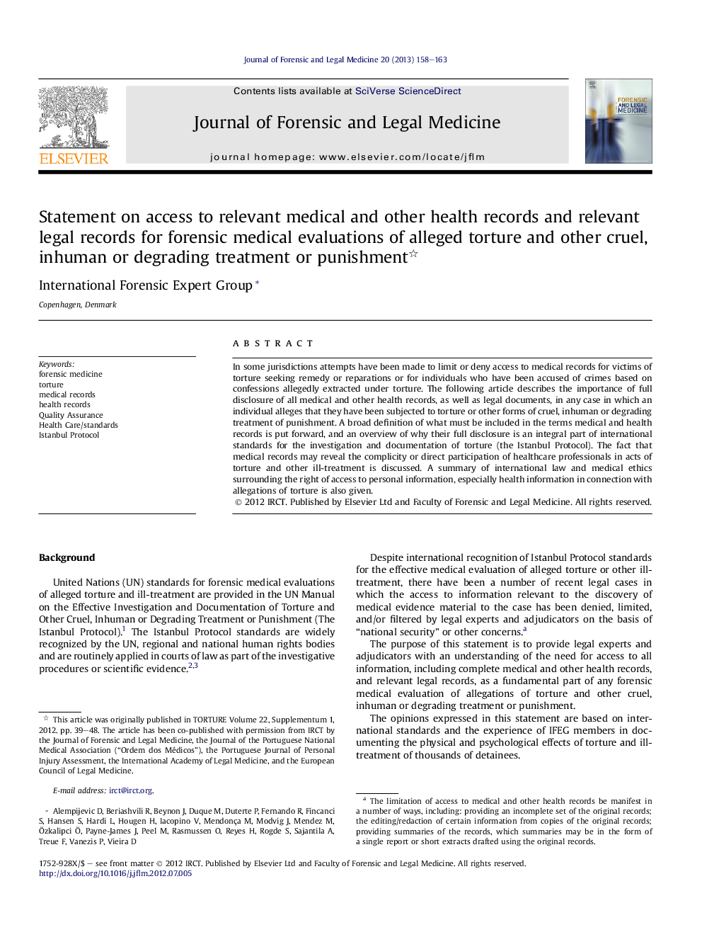 Statement on access to relevant medical and other health records and relevant legal records for forensic medical evaluations of alleged torture and other cruel, inhuman or degrading treatment or punishment 