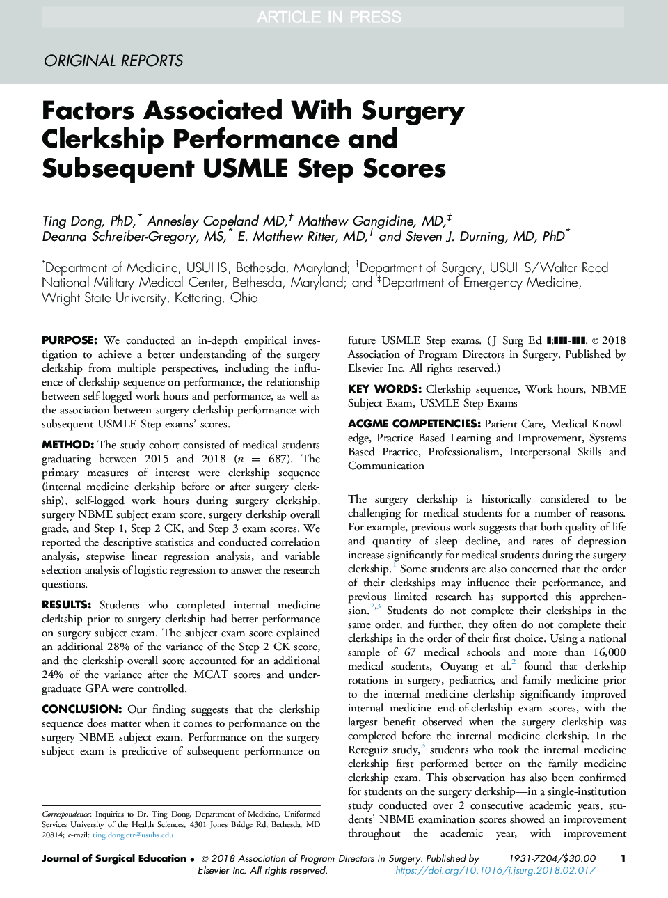 Factors Associated With Surgery Clerkship Performance and Subsequent USMLE Step Scores