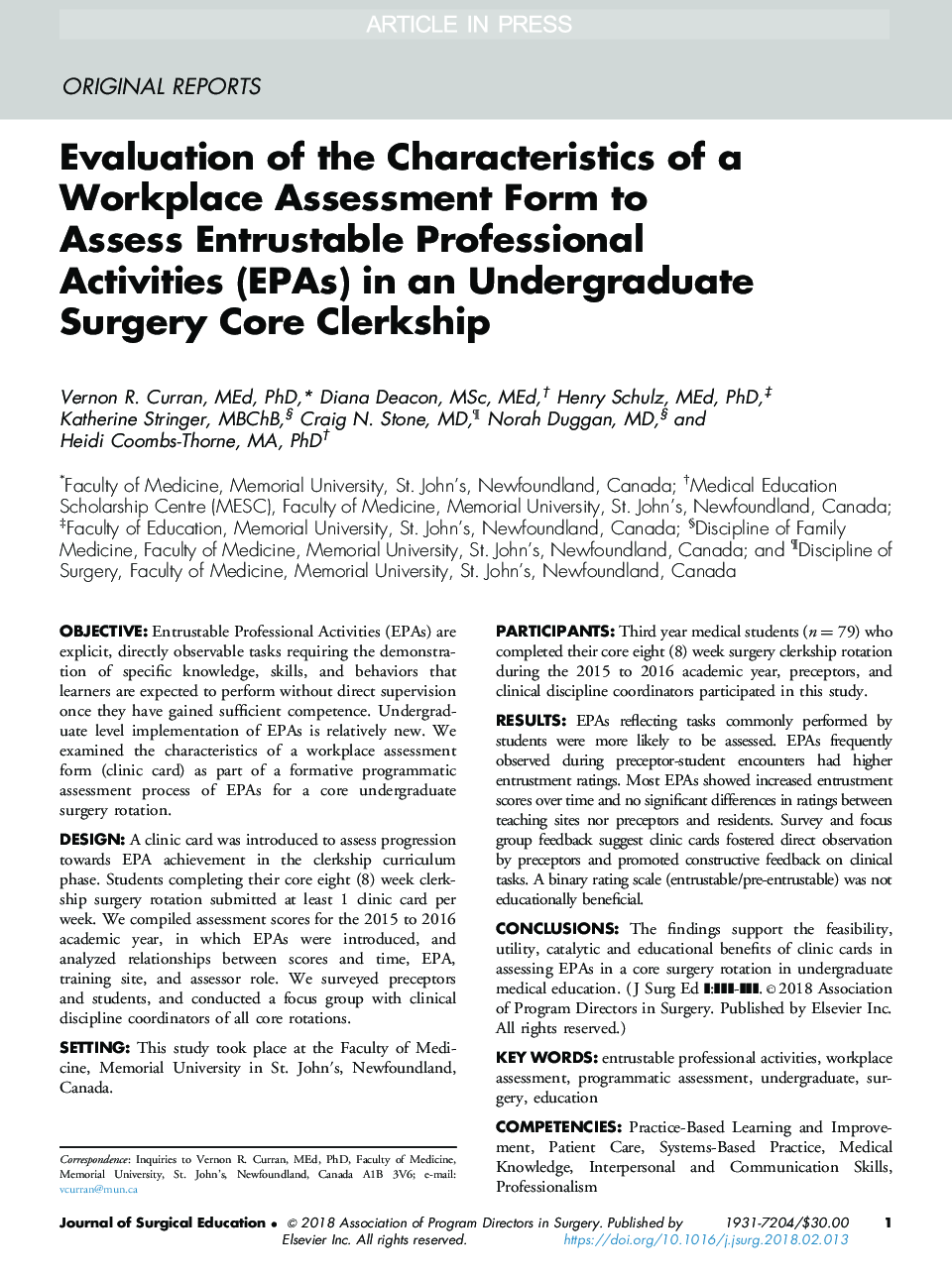 Evaluation of the Characteristics of a Workplace Assessment Form to Assess Entrustable Professional Activities (EPAs) in an Undergraduate Surgery Core Clerkship
