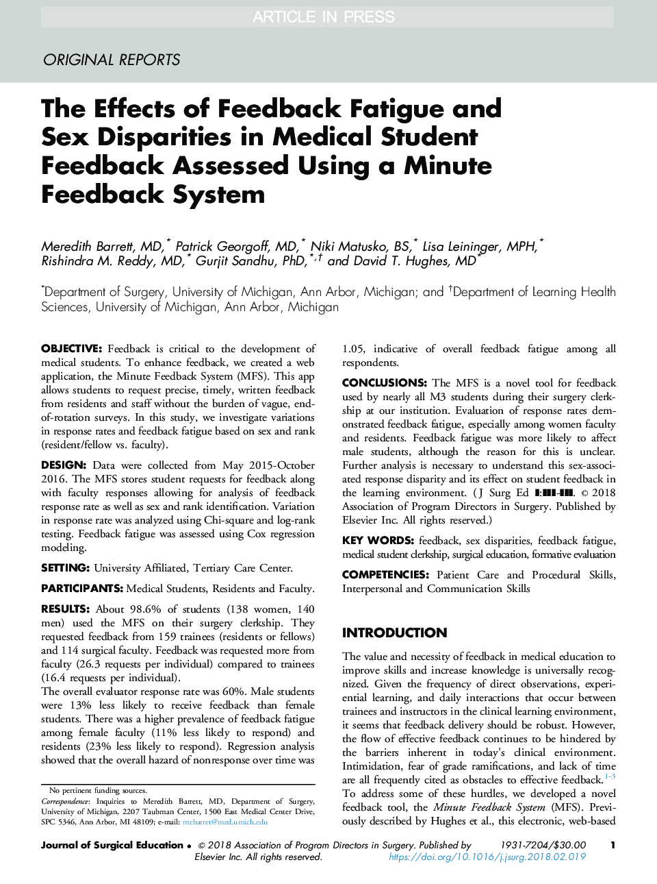 The Effects of Feedback Fatigue and Sex Disparities in Medical Student Feedback Assessed Using a Minute Feedback System