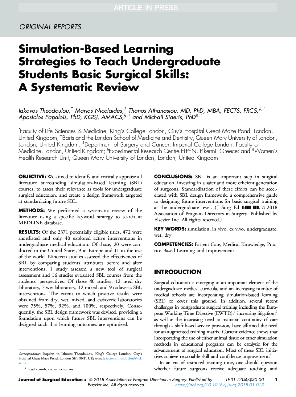 Simulation-Based Learning Strategies to Teach Undergraduate Students Basic Surgical Skills: A Systematic Review