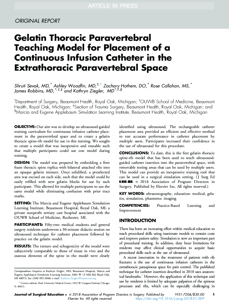 Gelatin Thoracic Paravertebral Teaching Model for Placement of a Continuous Infusion Catheter in the Extrathoracic Paravertebral Space