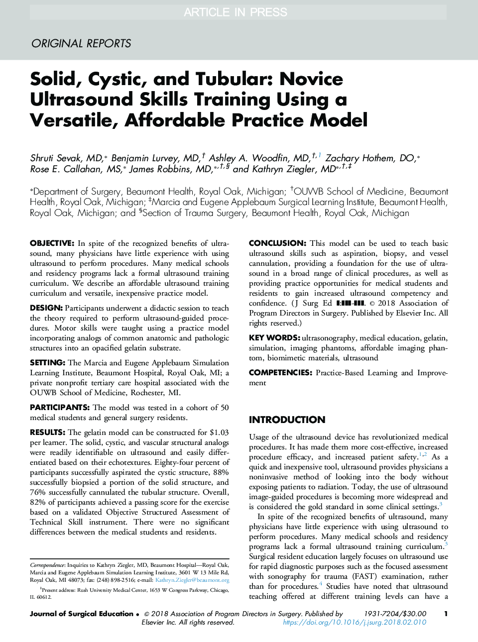 Solid, Cystic, and Tubular: Novice Ultrasound Skills Training Using a Versatile, Affordable Practice Model