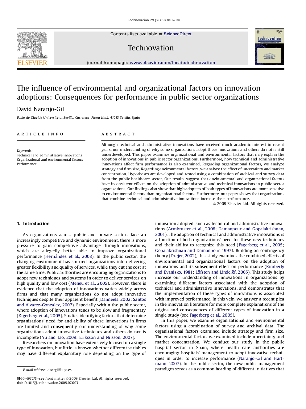 The influence of environmental and organizational factors on innovation adoptions: Consequences for performance in public sector organizations