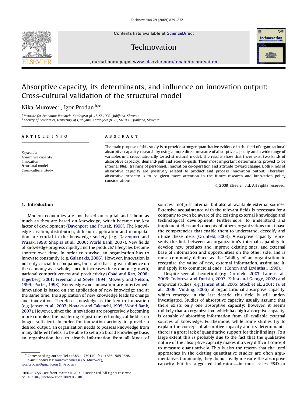 Absorptive capacity, its determinants, and influence on innovation output: Cross-cultural validation of the structural model