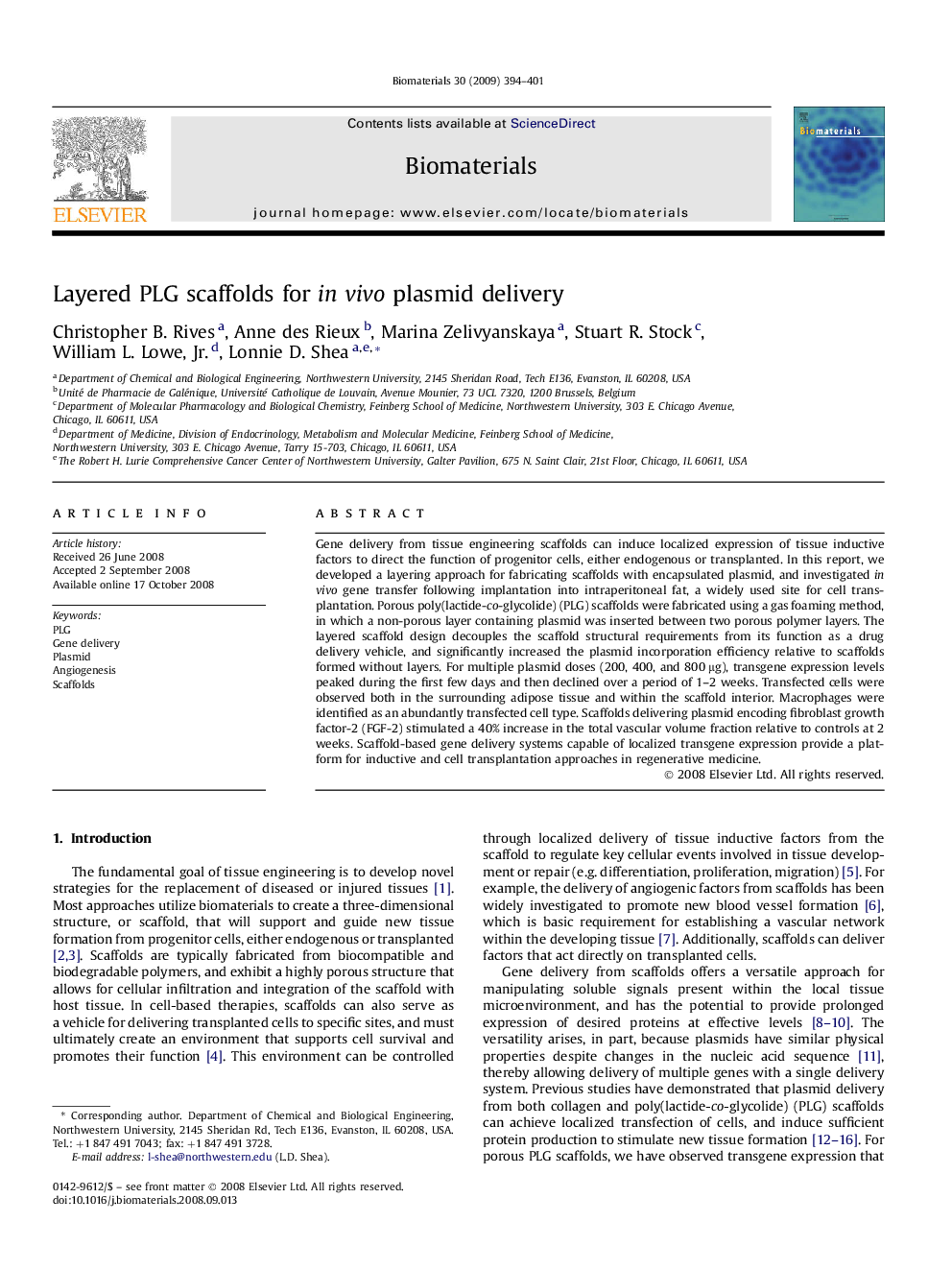 Layered PLG scaffolds for in vivo plasmid delivery