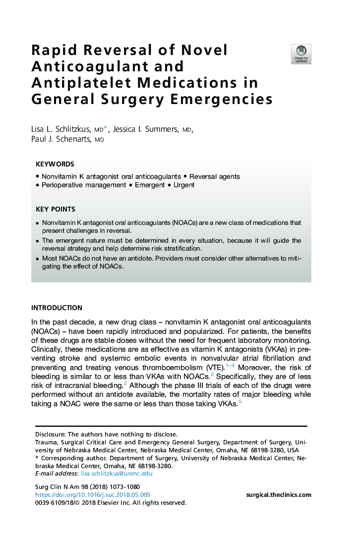 Rapid Reversal of Novel Anticoagulant and Antiplatelet Medications in General Surgery Emergencies