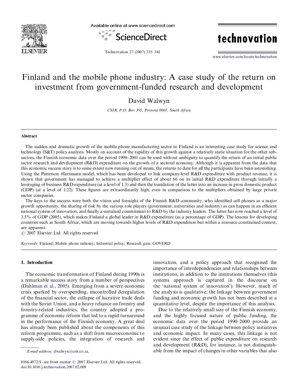 Finland and the mobile phone industry: A case study of the return on investment from government-funded research and development