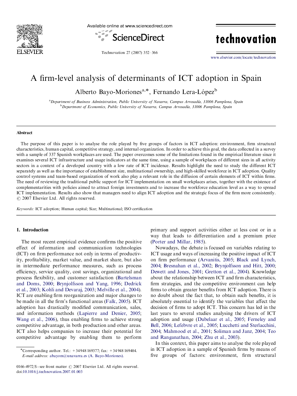 A firm-level analysis of determinants of ICT adoption in Spain