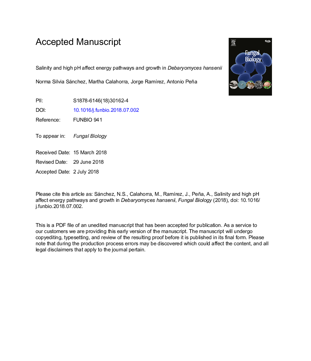 عکس صفحه اول مقاله: Salinity and high pH affect energy pathways and growth in Debaryomyces hansenii Salinity and high pH affect energy pathways and growth in Debaryomyces hansenii