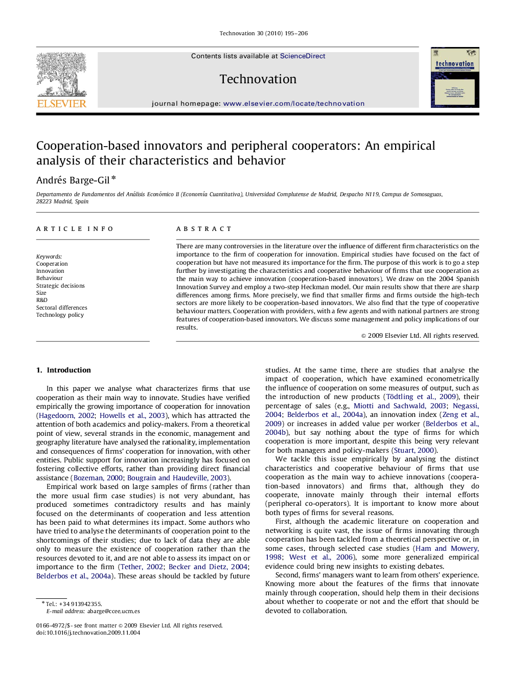 Cooperation-based innovators and peripheral cooperators: An empirical analysis of their characteristics and behavior