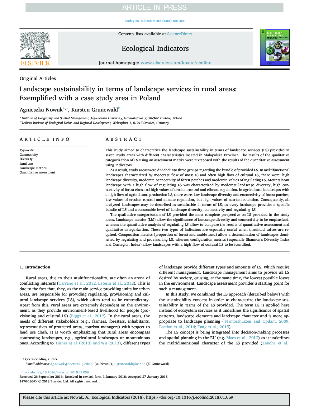 Landscape sustainability in terms of landscape services in rural areas: Exemplified with a case study area in Poland