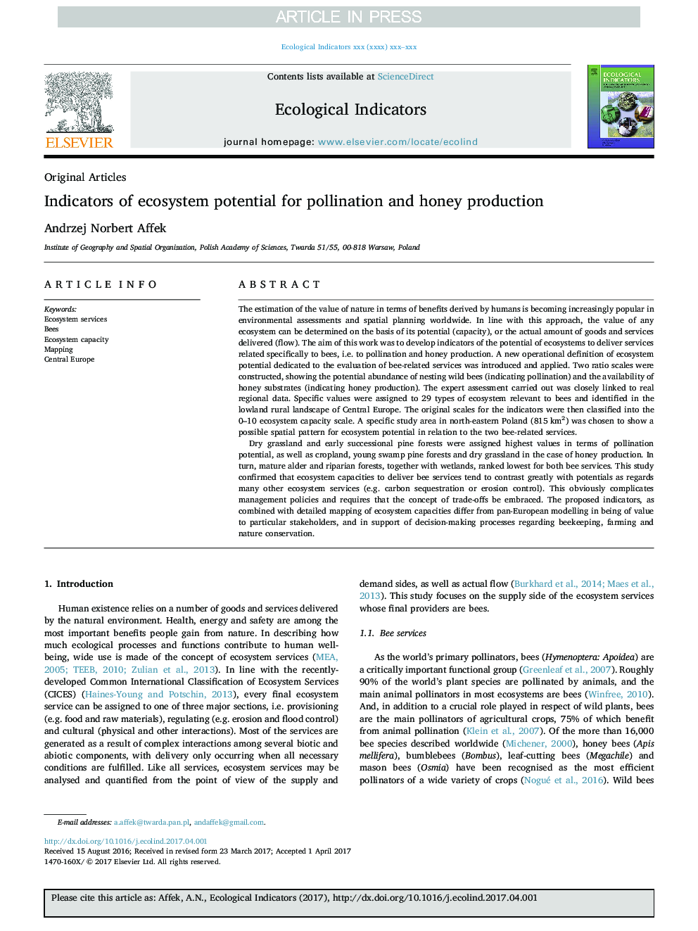 Indicators of ecosystem potential for pollination and honey production