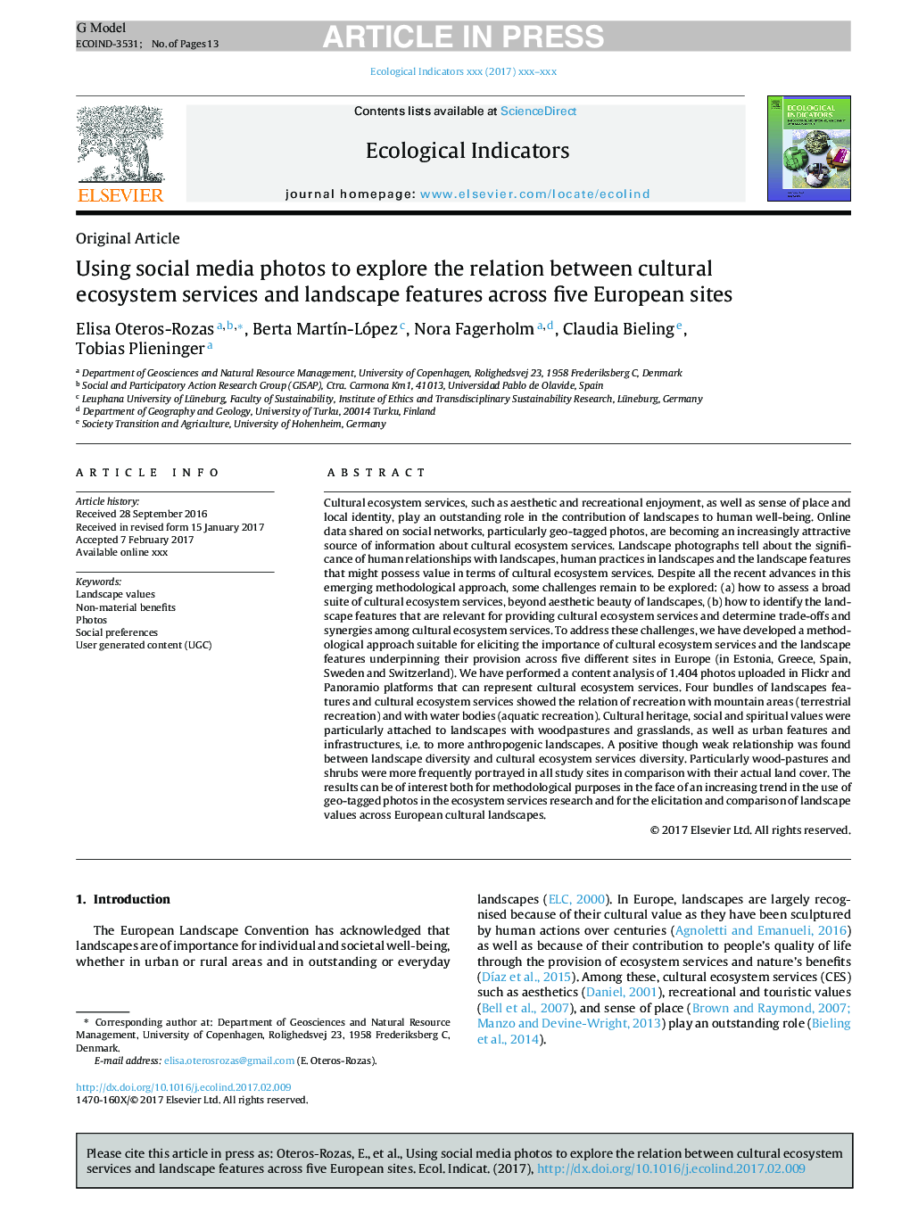 Using social media photos to explore the relation between cultural ecosystem services and landscape features across five European sites