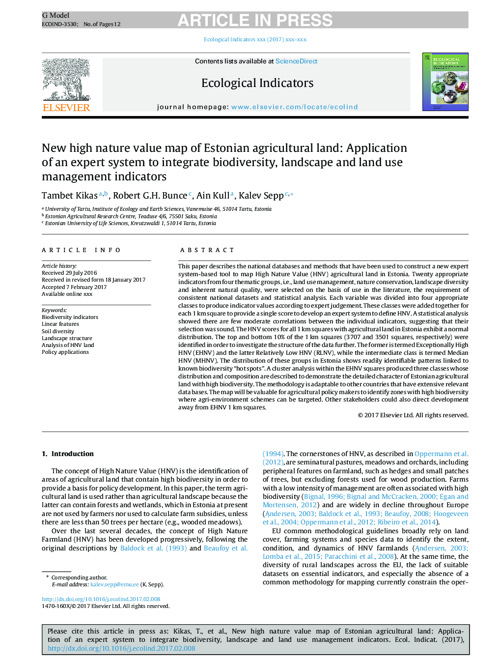 New high nature value map of Estonian agricultural land: Application of an expert system to integrate biodiversity, landscape and land use management indicators