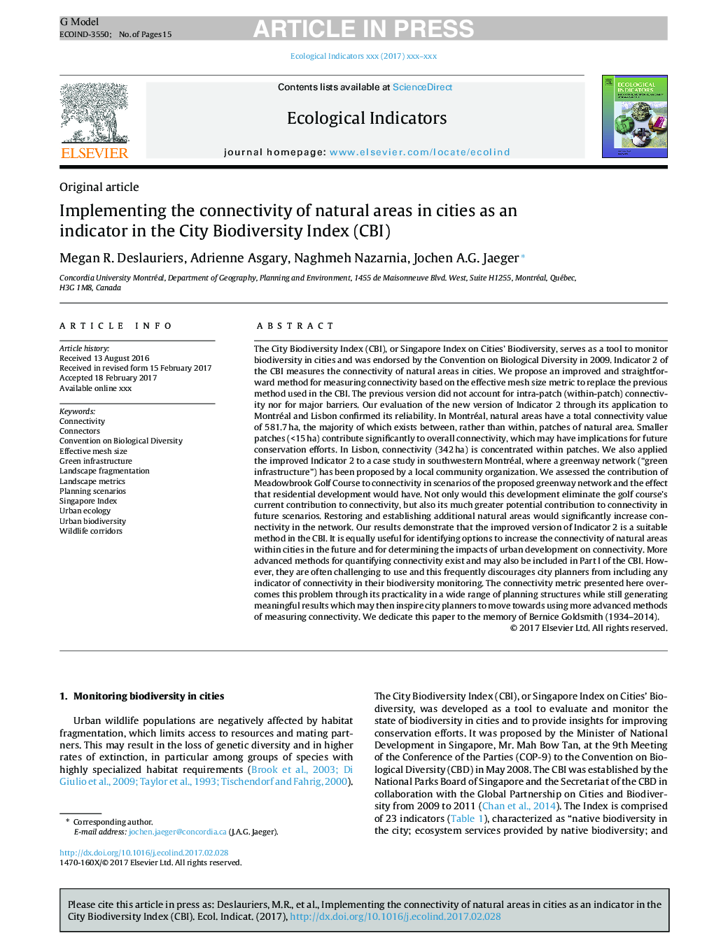 Implementing the connectivity of natural areas in cities as an indicator in the City Biodiversity Index (CBI)